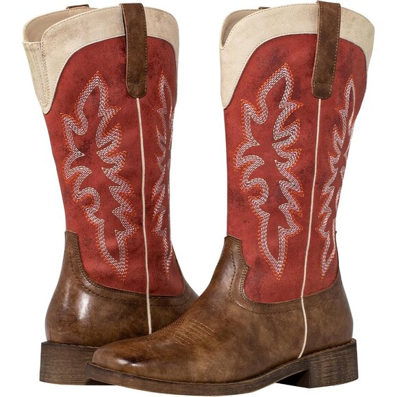 SheSole Womens Red Cowboy Square Toe Cowgirl Wide Calf Western Boots - Picture 5 of 9